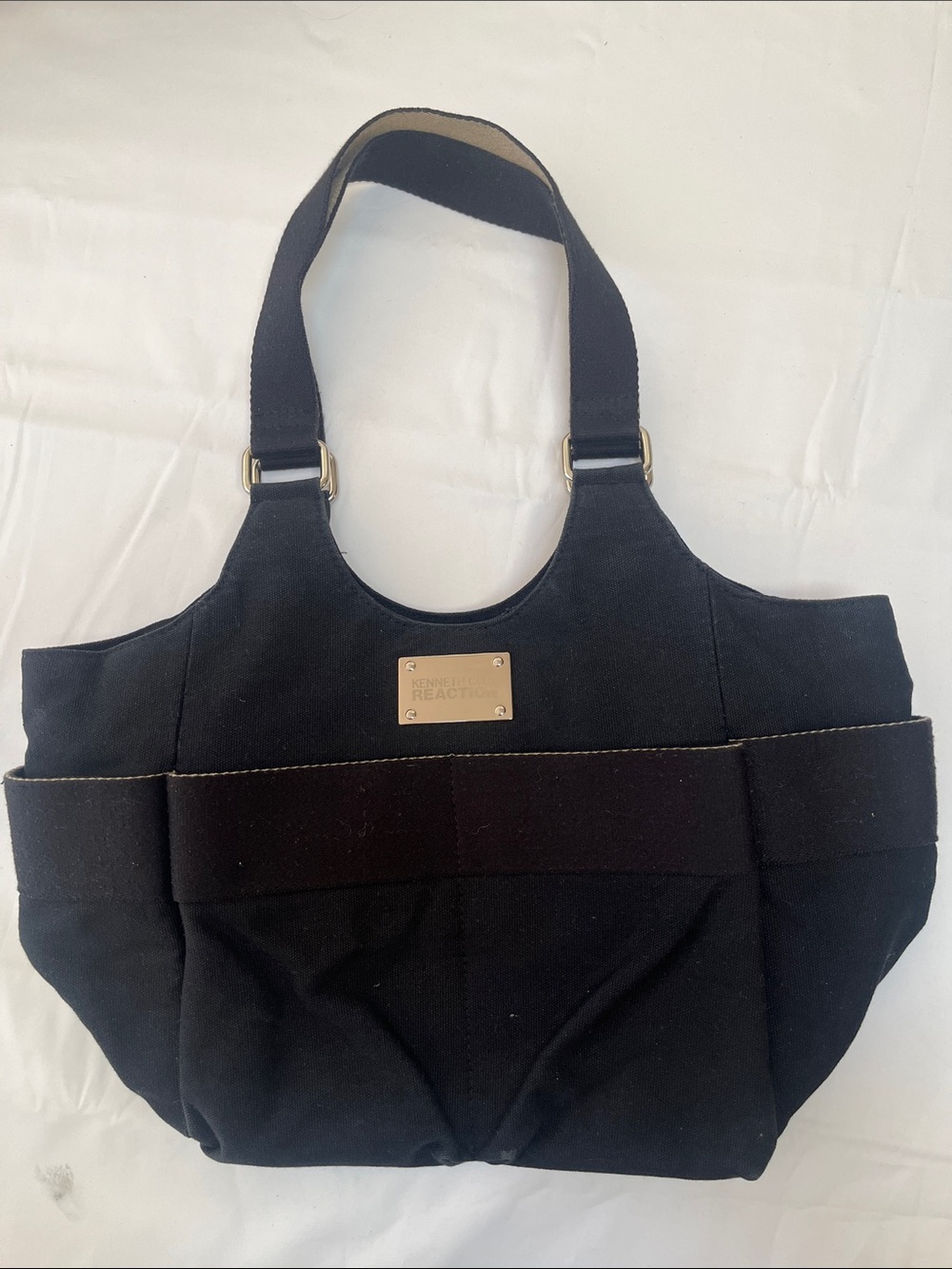 Kenneth Cole Reaction Black Canvas Shoulder Tote with Gold Plaque